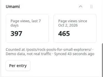 The Umami panel in the EmDash entry editor, with the entry's page views for the last seven days and since the stored history starts