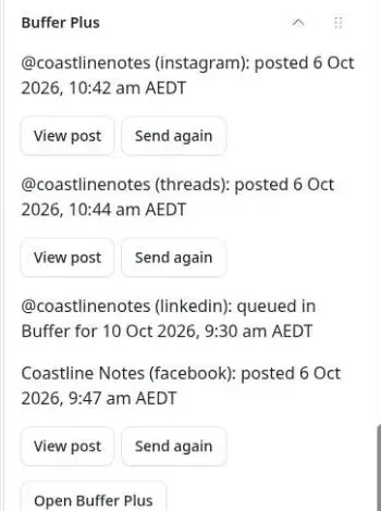 The Buffer Plus panel in the EmDash entry editor, listing each channel's state with View post and Send again buttons